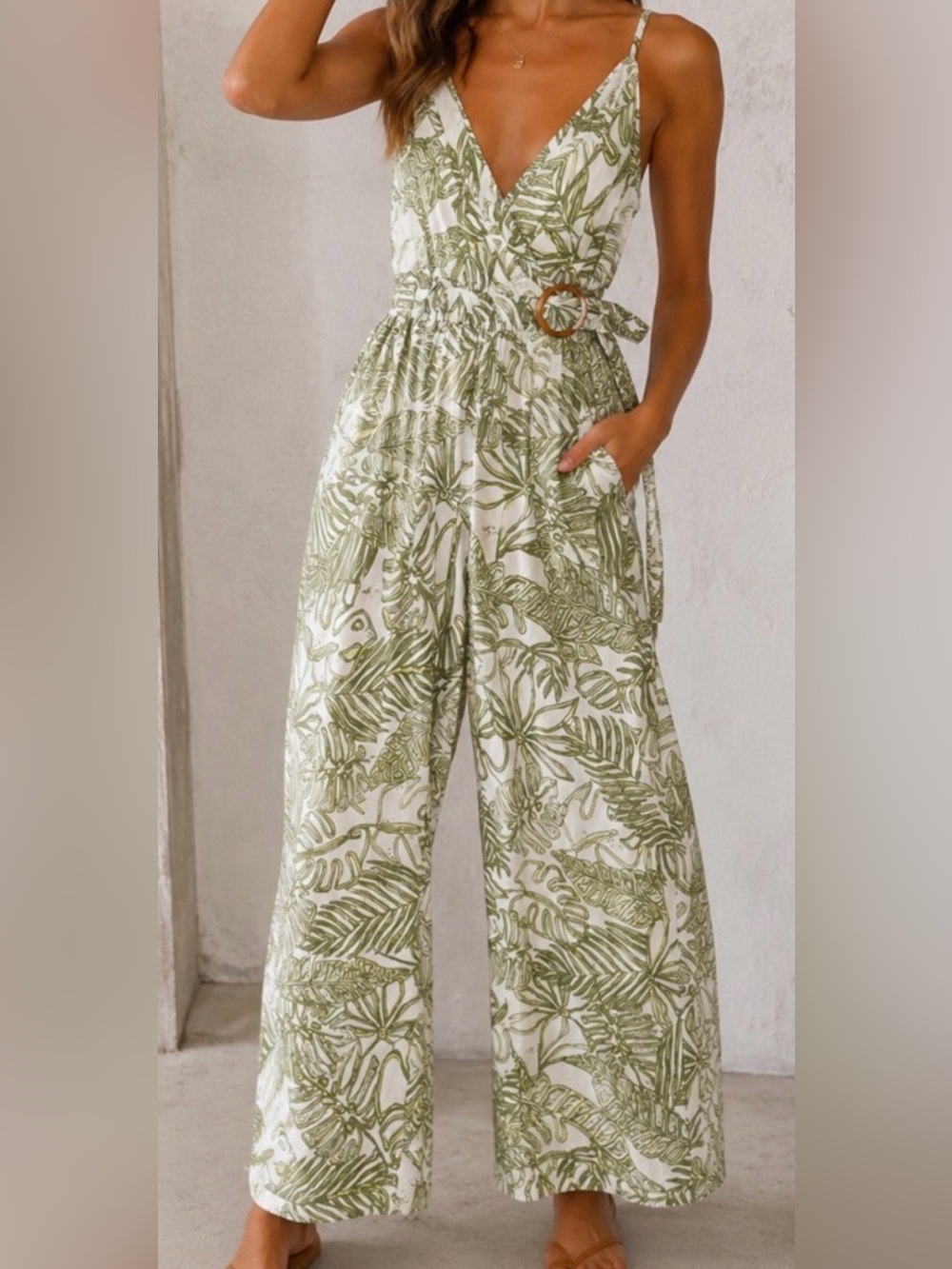 Sincerly Jules Olive Leaf Print Wide-Leg Jumpsuit